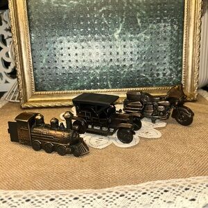 Vintage Lot of 3 Copper Die-Cast Metal Pencil Sharpeners -Train, Car, Motorcycle